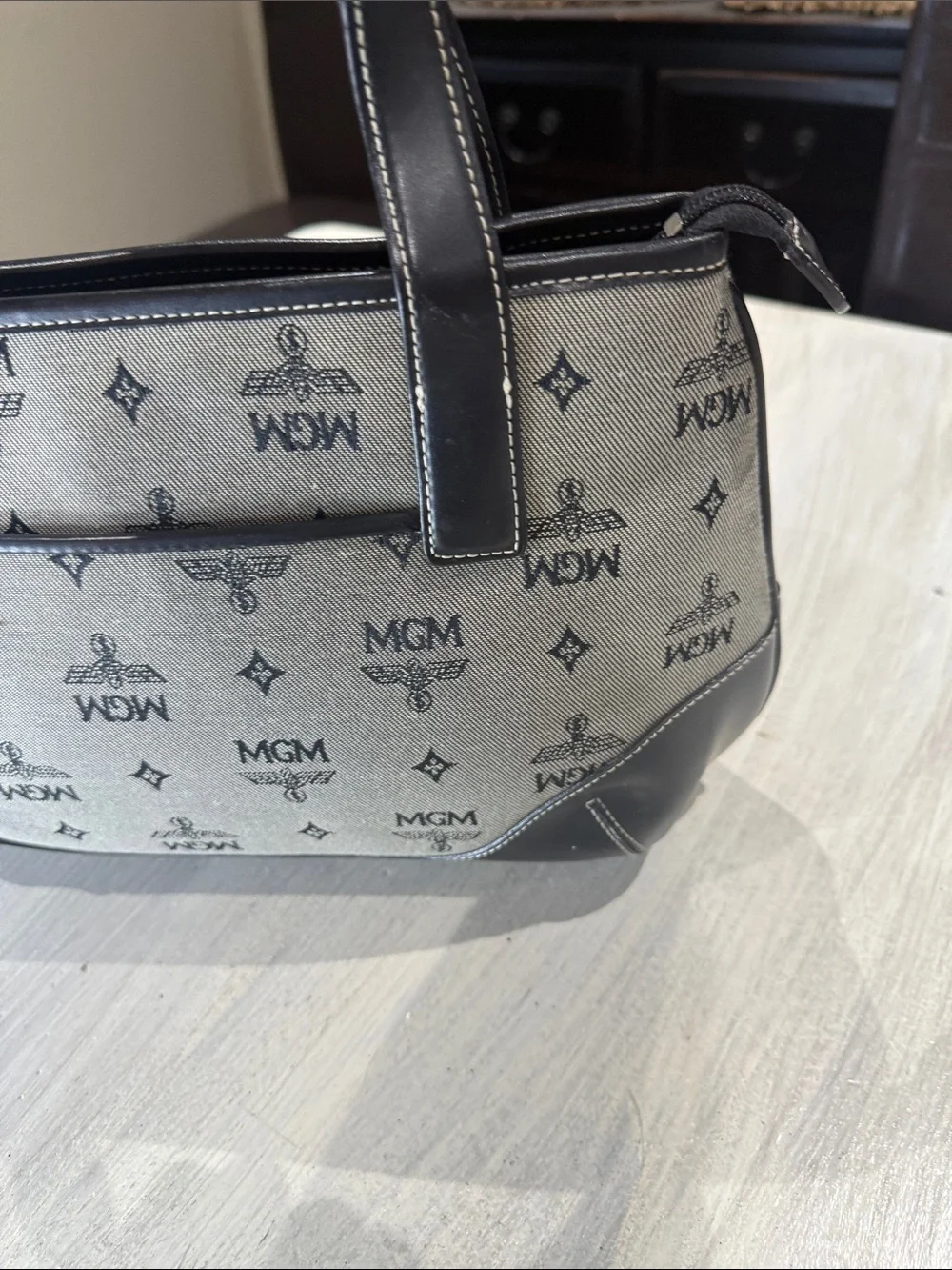 MGM Beige Canvas and Black Leather Messenger Tote